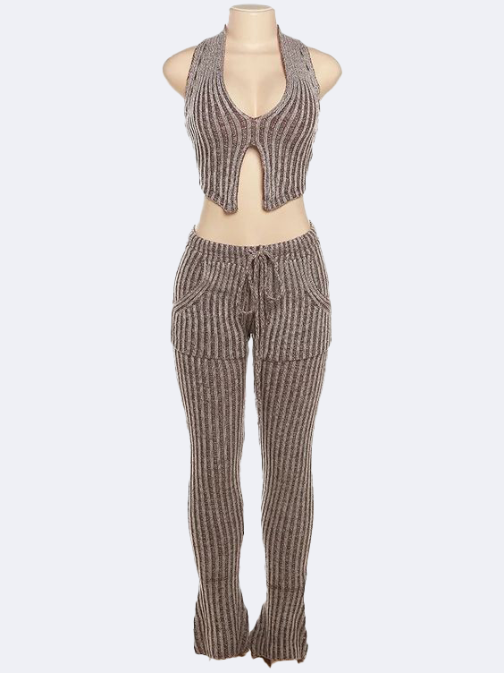 Striped Women Casual Two Piece Set Crochet Halter